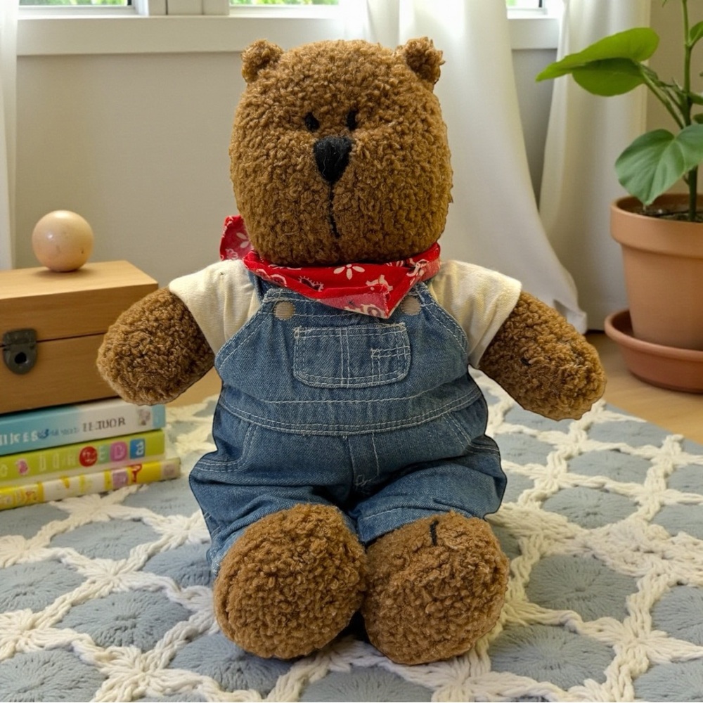 Baby GAP Teddy Bear Plush Denim Overalls Classic Baby Gap Vintage Red Bandana
